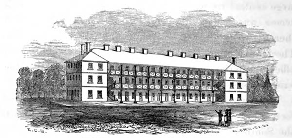 The South Barracks, where Church was housed on arrival, had 48 cadet rooms, most holding three cadets. It was a gray stone building with a slate roof and verandas on both sides. This image shows spiral staircases up the front, but these were likely added after Church's era.