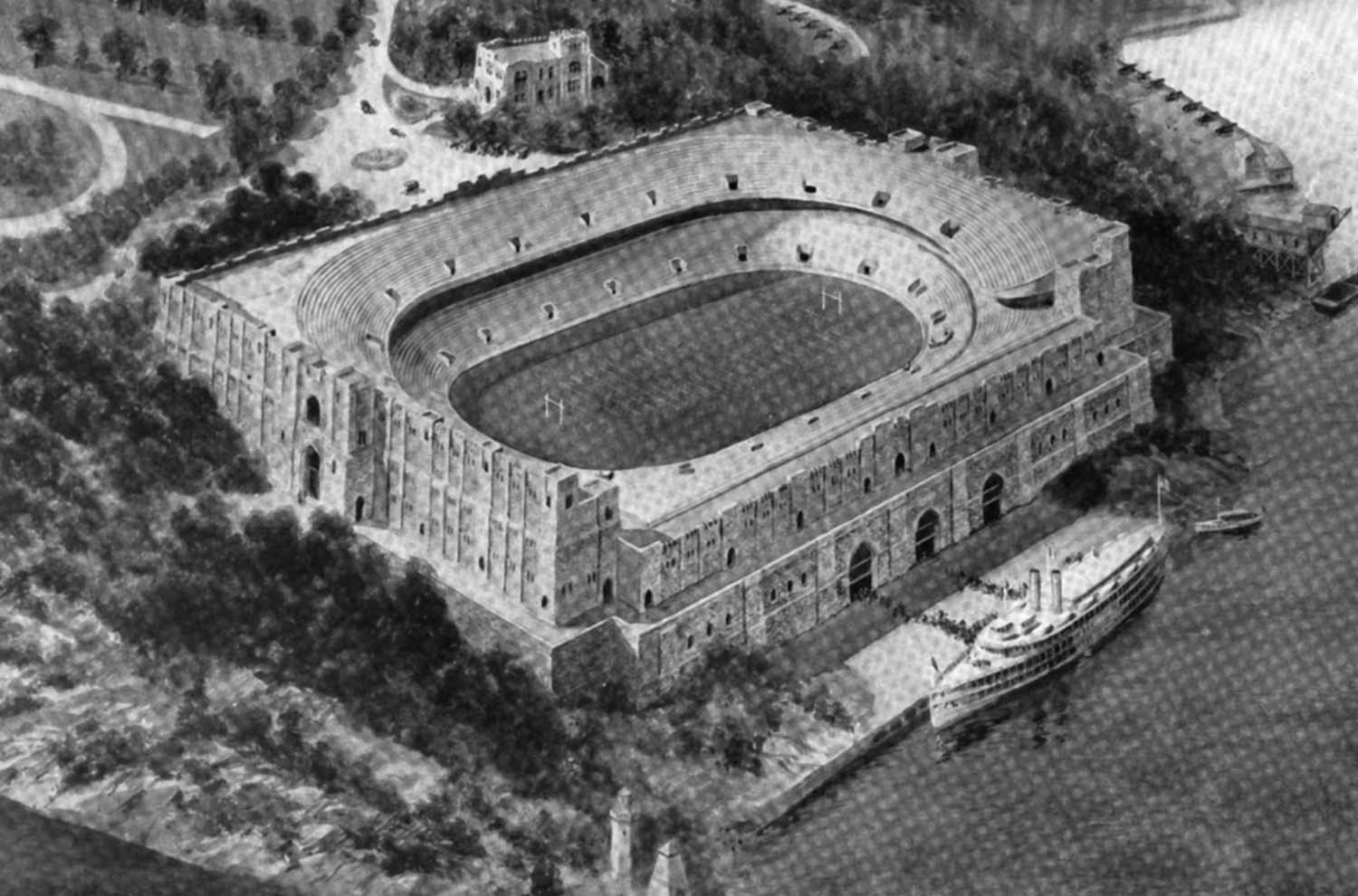 A proposed football stadium on Trophy Point, as shown in a 1922 Infantry Journal article. 