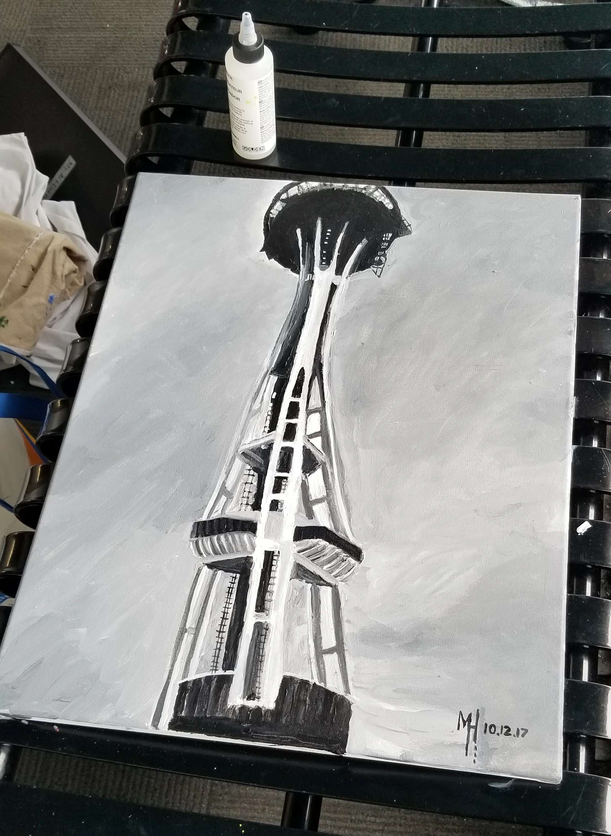 The finished product of the black and white Space Needle painting I did inside on the top deck of the tower.