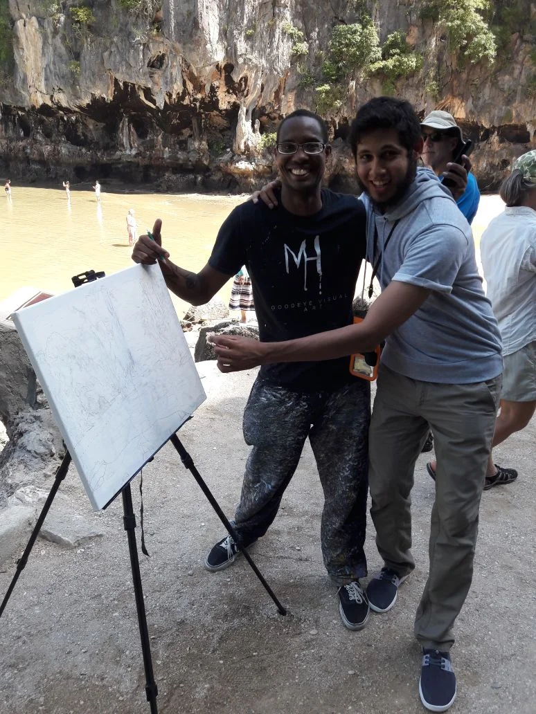 I met a new best friend on the Island tour and he decided to take a photo with me by my new unfinished painting I was working on.