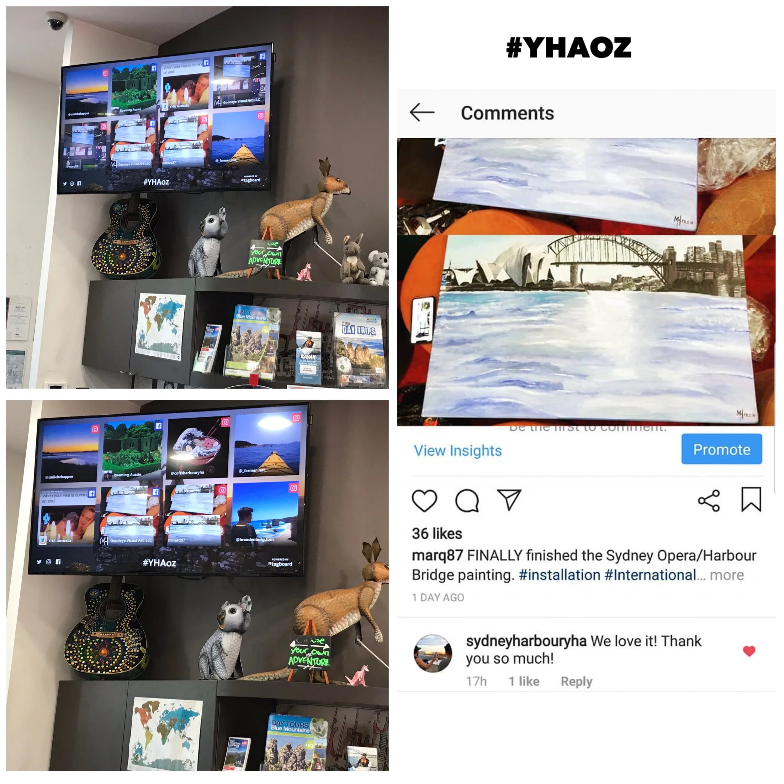 The Sydney Harbour YHA Hostel share my Painting I donated to them on their social media and display it on there flatscreen TV.