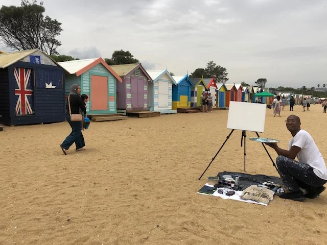 Me setting up my art display work at the Brighton Beach boxes in Brighton, VIC Melbourne Australia.
