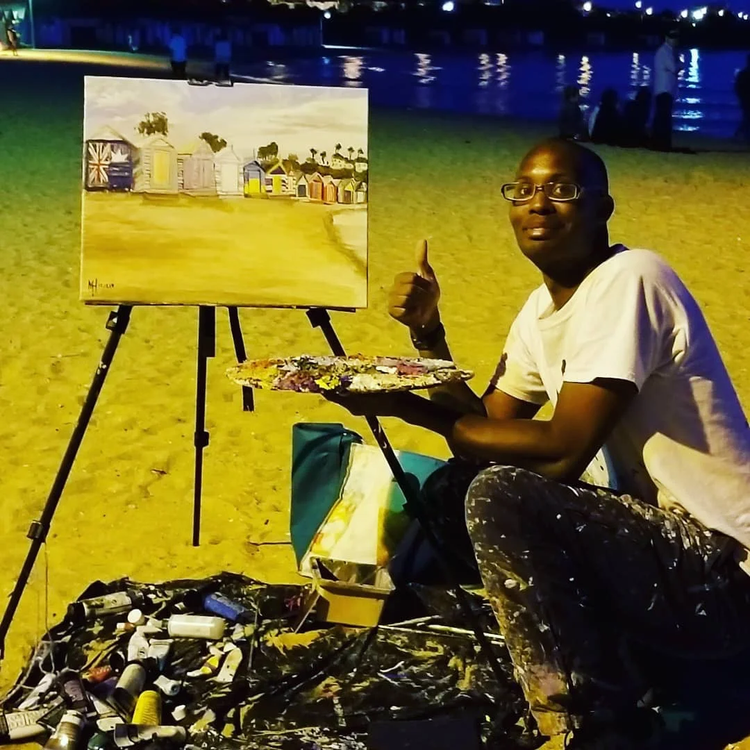 Me and the finished project painting of the Brighton Beach boxes at Brighton, VIC Melbourne Australia.