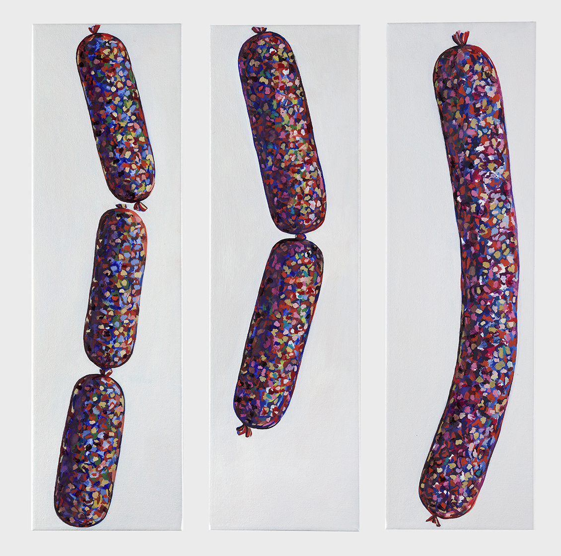   Untitled,&nbsp;Sausages 1, 2, 3,&nbsp; 2016  Oil on canvas  each 6 x 20 inches    
