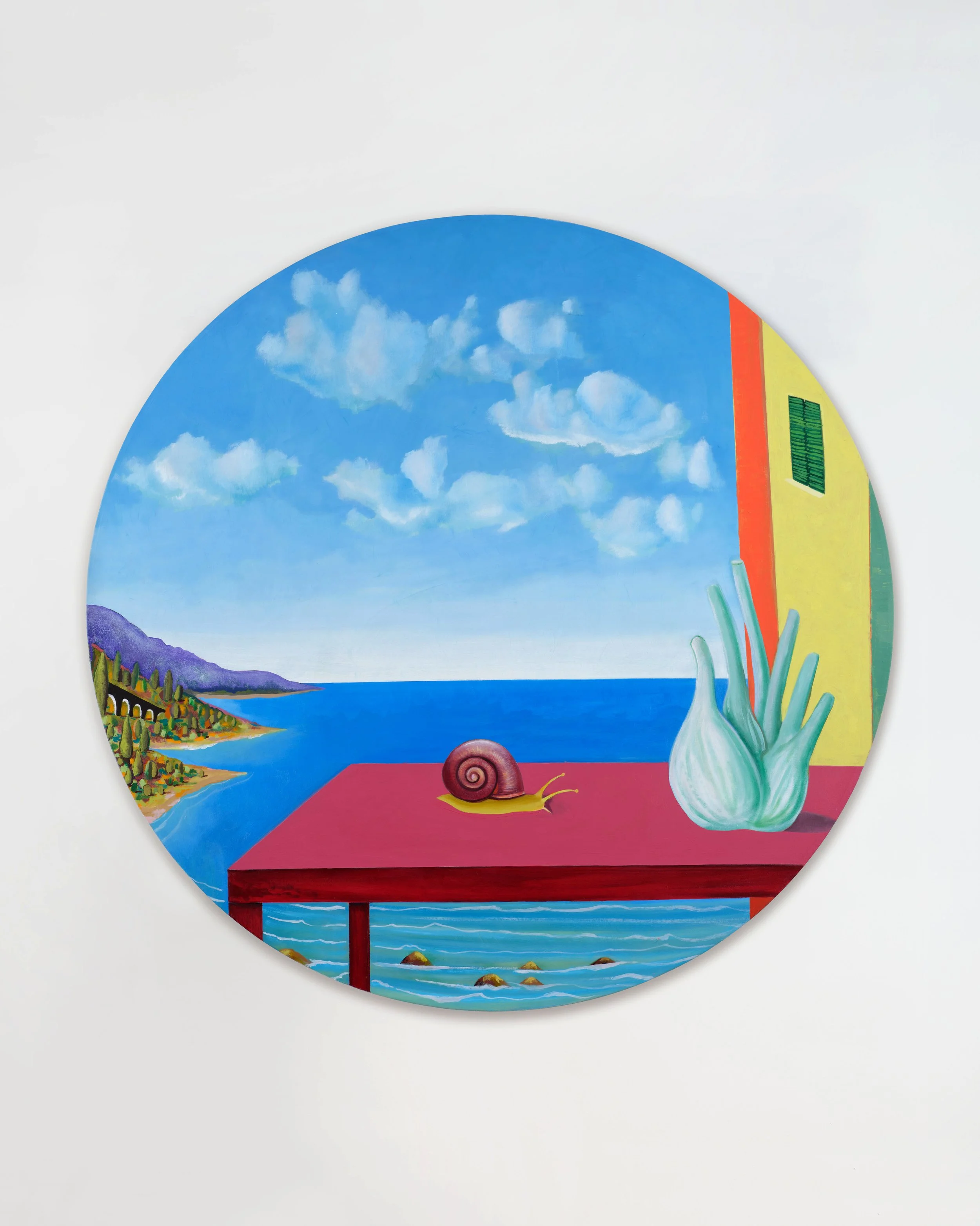   Breve storia d’amore , 2025  Oil on canvas  Diameter: 48 in. (121.9 cm)  (studio)   