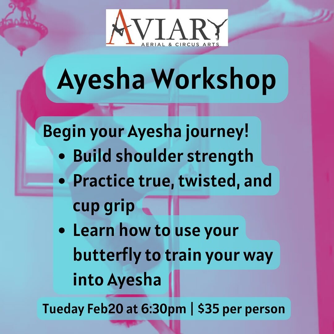 Join us on Tuesday 2/20 for a special Ayesha Workshop! Build your foundation for this challenging inverted move by working on shoulder strength, alignment, and practice drills that will help you land this move!

Tue 2/20 at 6:30pm
 90 minutes
$35 per