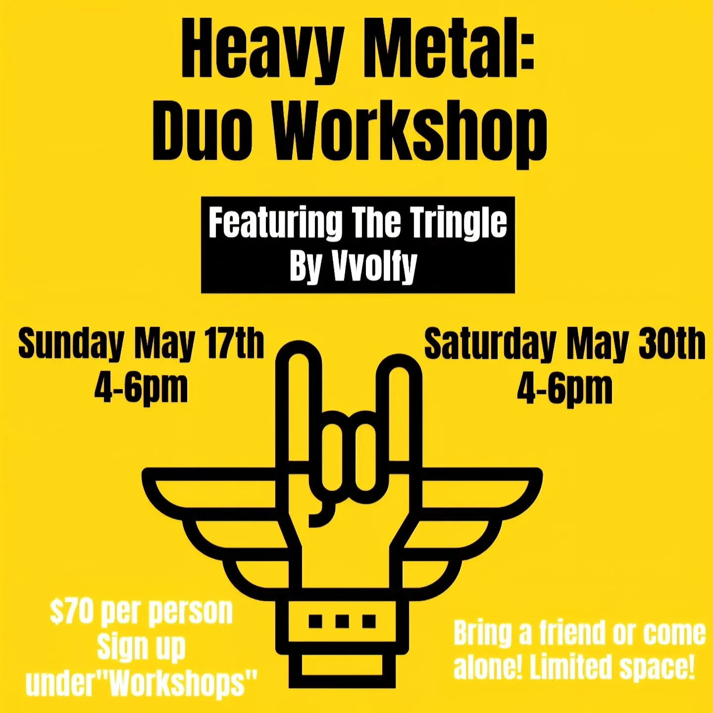 Duo Heavy Metal Workshop - Featuring the Tringle!
In this special workshop we will be discovering the new apparatus that is three Pringles connected into one beautiful piece of metal. 
We will discover the possibilities of making duo choreography on 