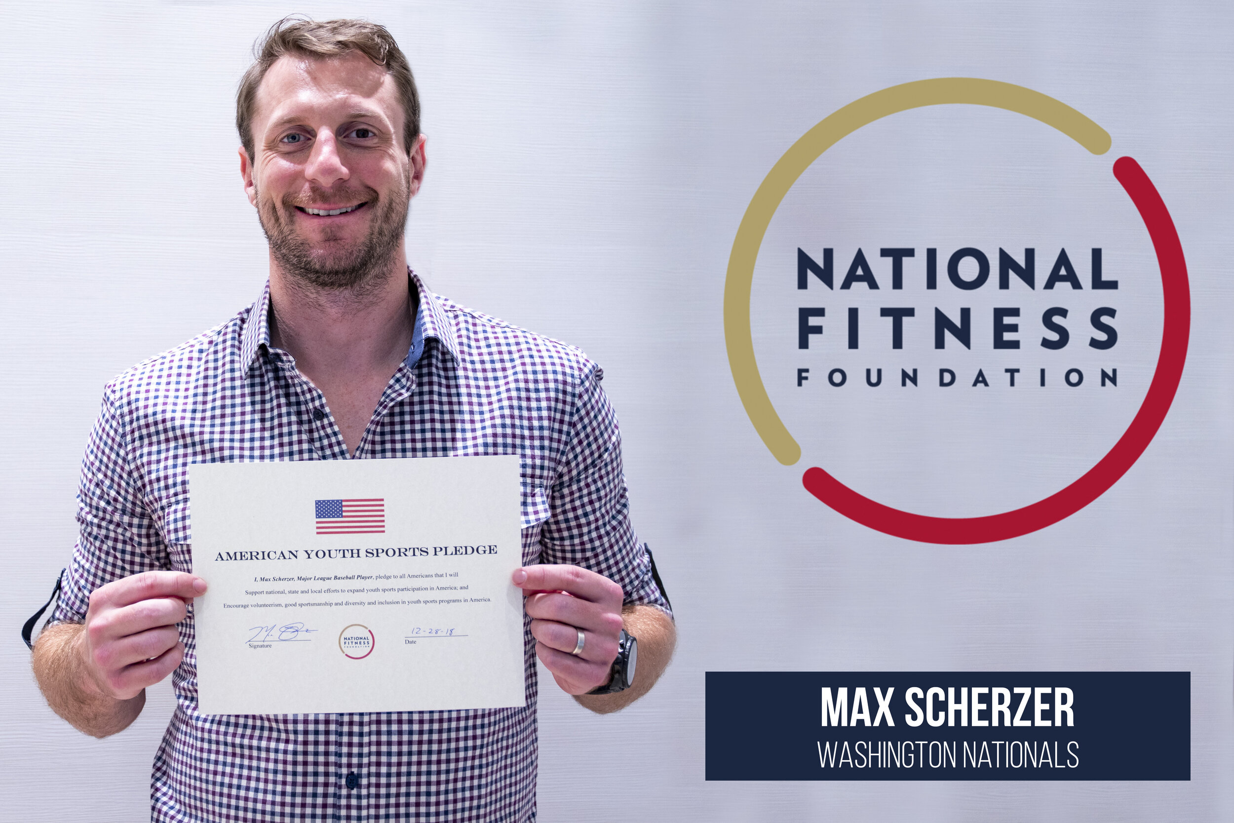  Washington Nationals starting pitcher, Max Scherzer, takes the American Youth Sports Pledge. 