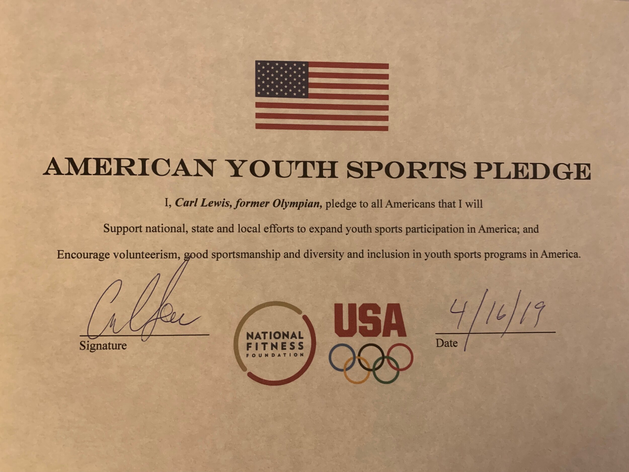  Olympian Carl Lewis’ American Youth Sports Pledge. 
