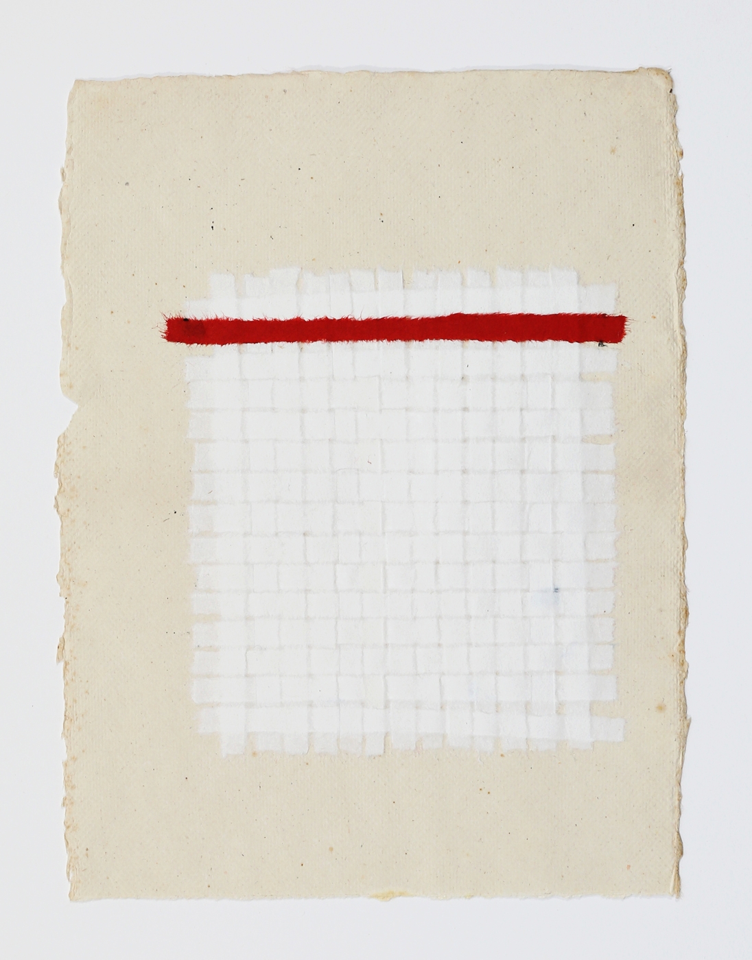  White Weaving with Red Stripe. 2015. Paper, Glue and Dye. 13" x 10" 