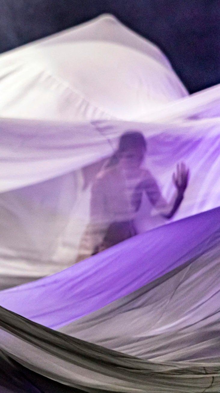 Dancer moving behind a semi-transparent fabric or curtain with purple lighting.