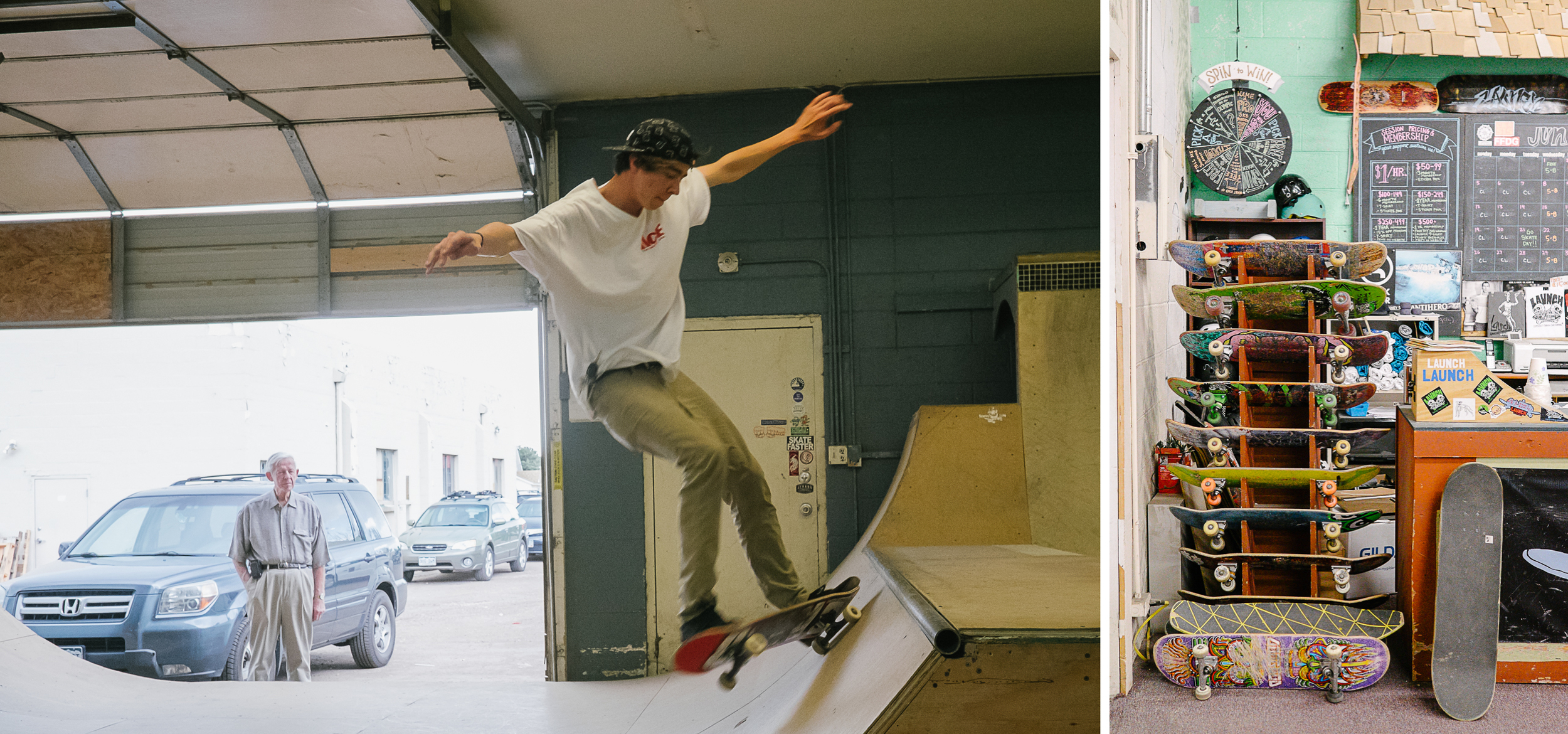 A teen skates at the Launch ramp while a bystander looks on. Skateboards for rent in the Launch office.