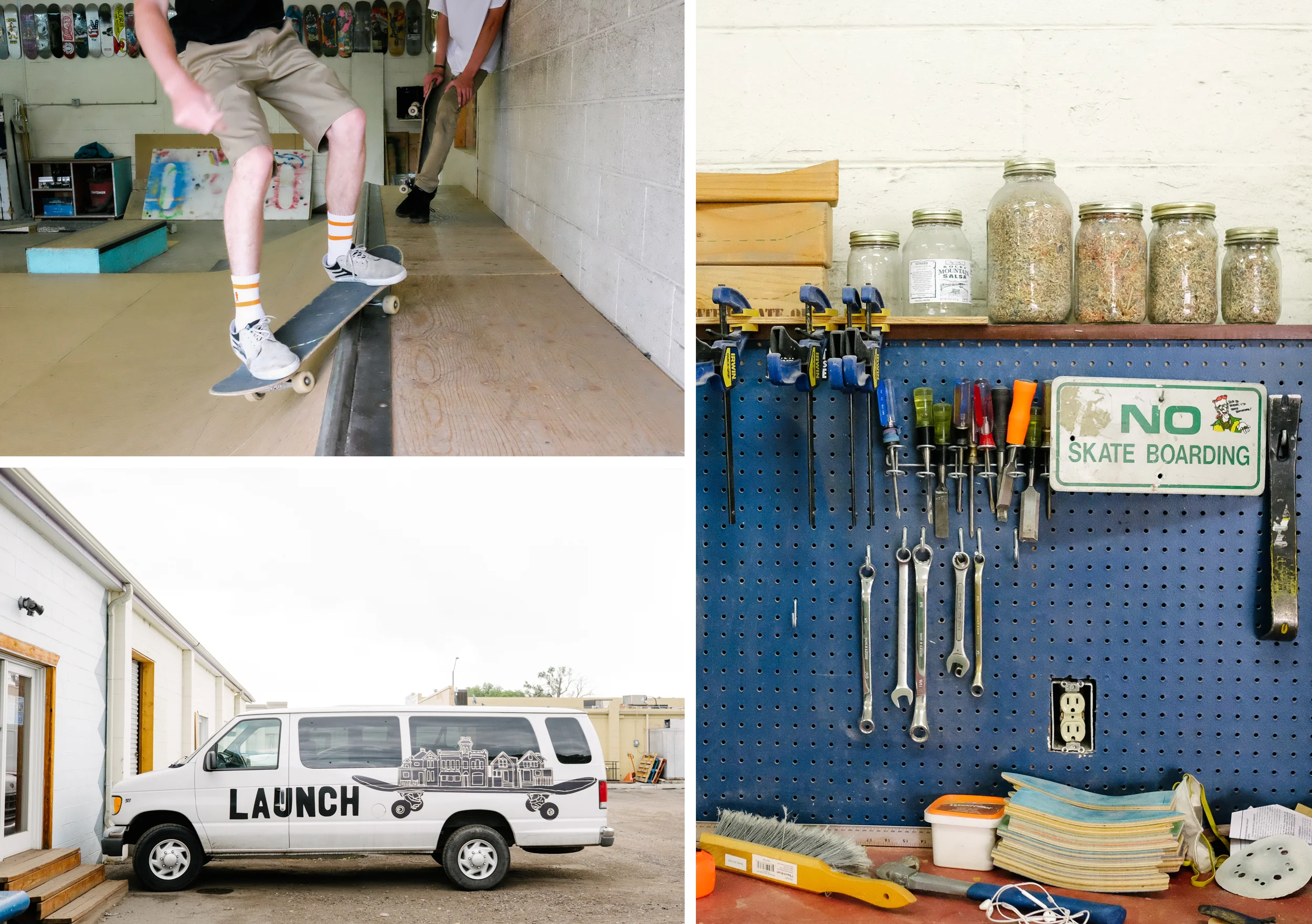 Teens show up to skate on a rainy Saturday. Launch's workbench and van.