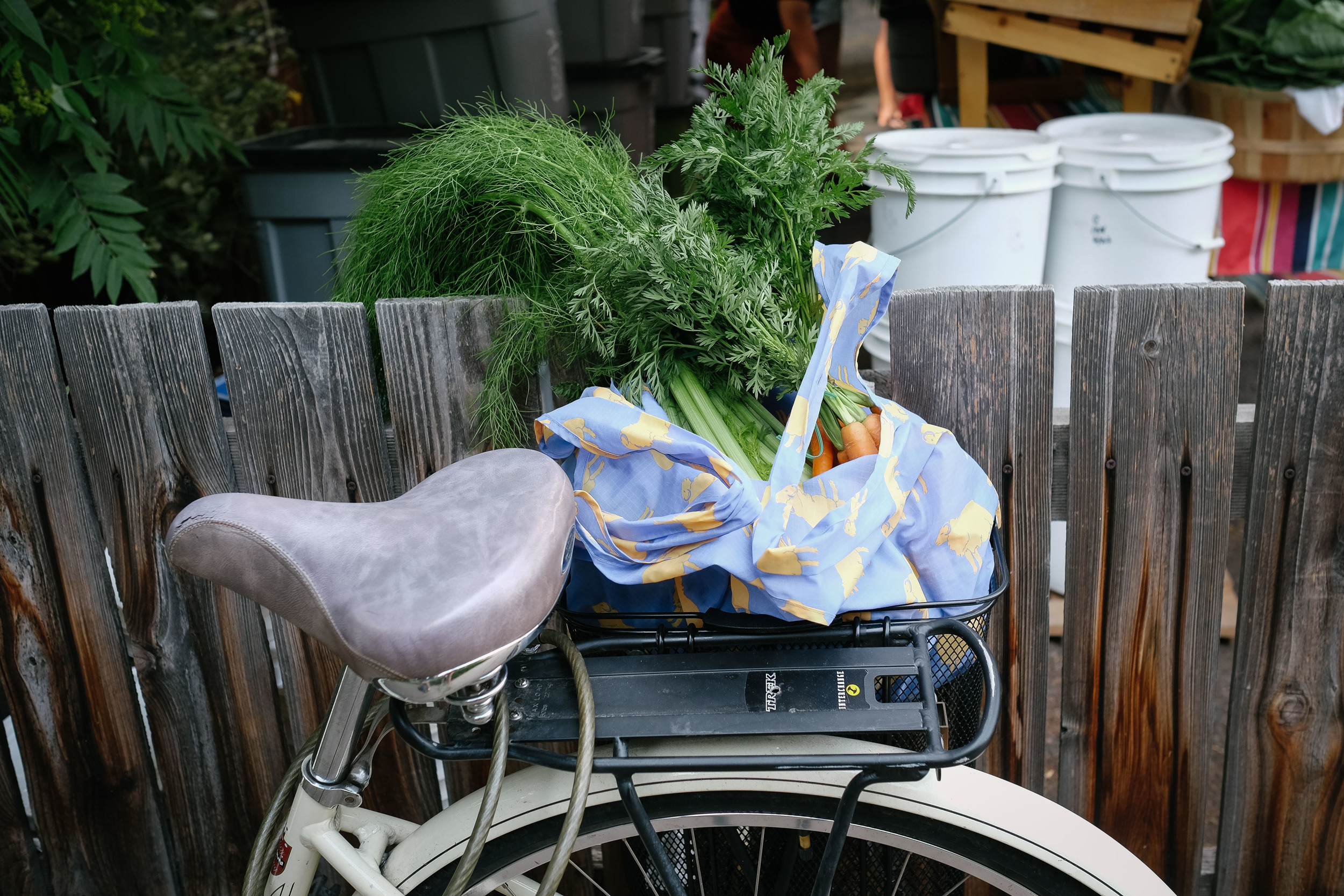 A bicycle with a bag of produce.