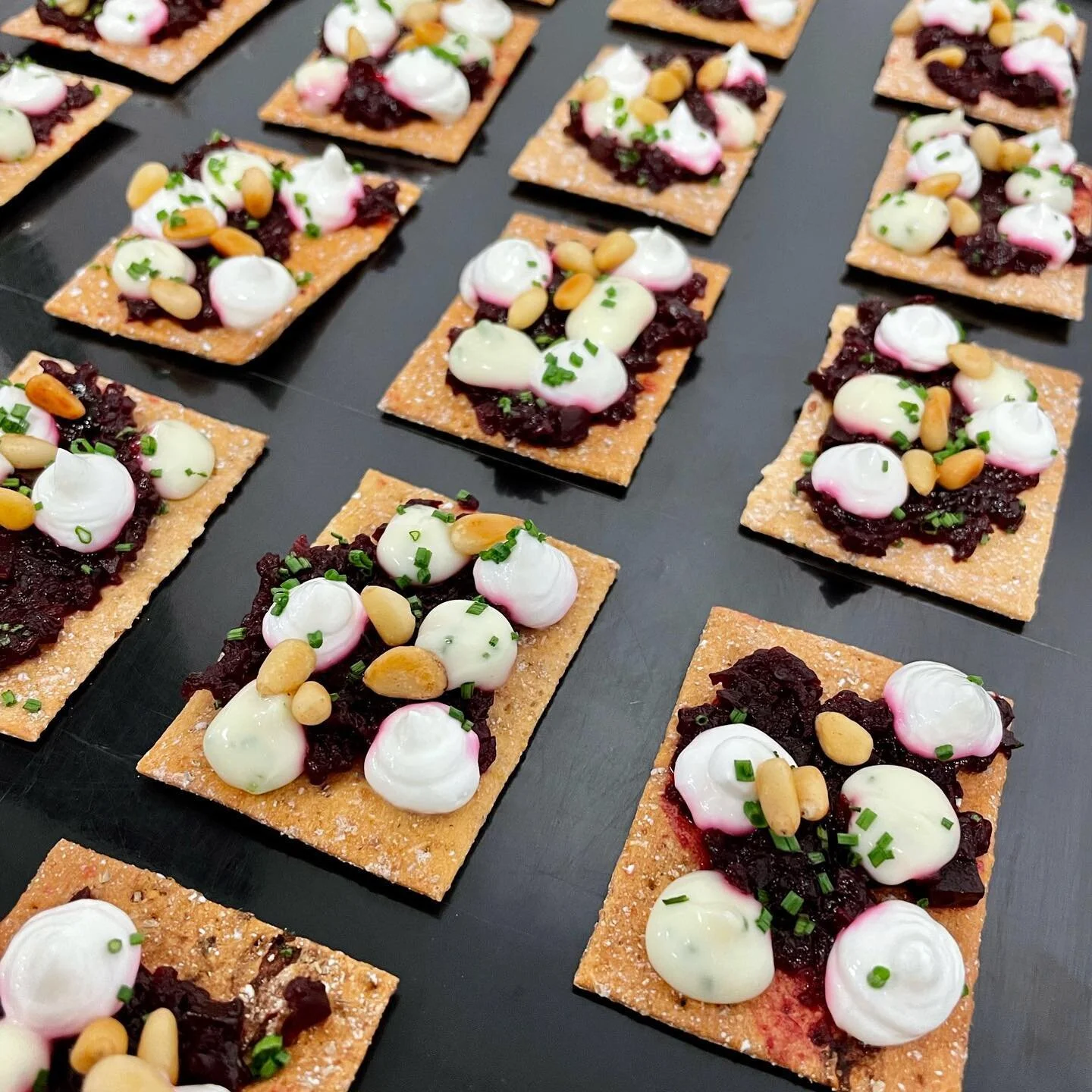 Beetroot, Goats Cheese &amp; Pinenuts on Spelt Sourdough Crispbreads.