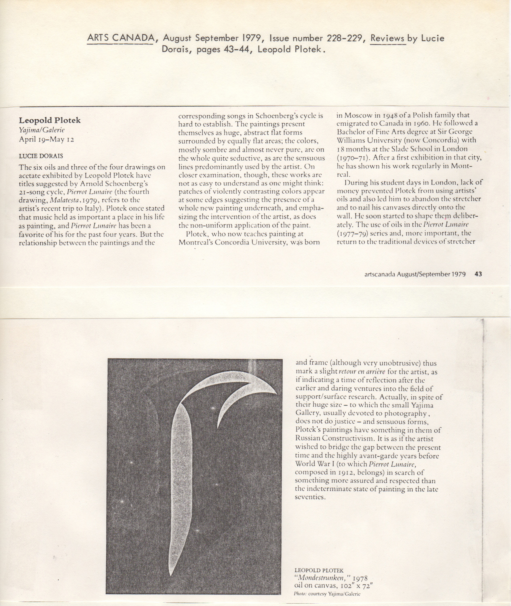 ARTS CANADA, August September I979, Issue number 228-229, Reviews by Lucie Dorais, pages 43-44