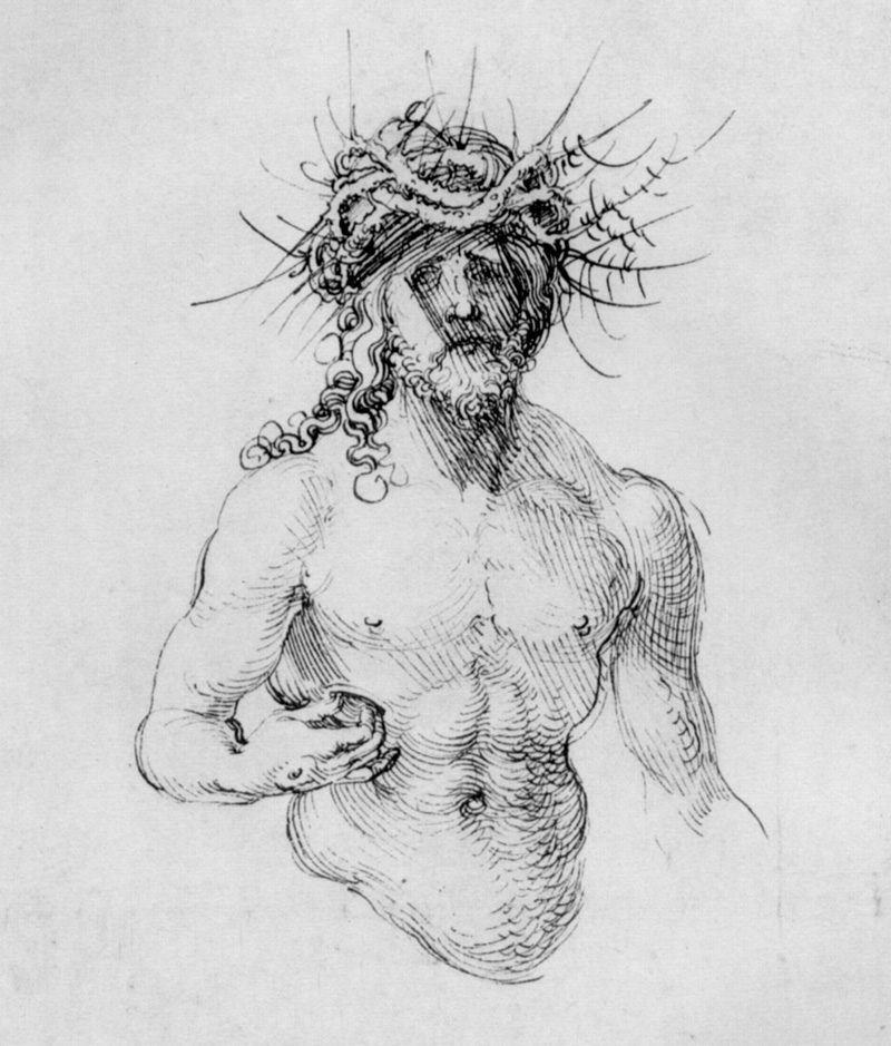 Albrecht Durer, study sheet with Christ as man of sorrows, Detail. PLACEMENTS: BACK | CHEST & ABS | HEAD | HAND & ARM |