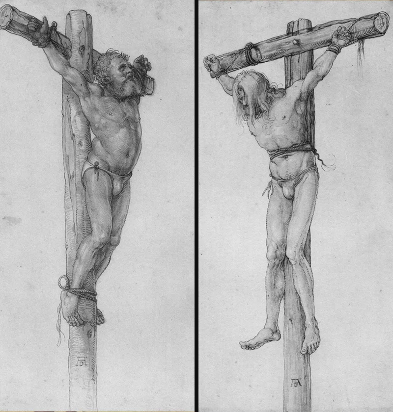 Albrecht Dürer, The Good Thief, 1505? + The Evil Thief . PLACEMENTS: BACK | CHEST & ABS | CHEST, ABS & LEGS | 1 ARM, CHEST, NECK & ABS | BACK & NECK | ARMS, CHEST & NECK | 1 ARM, CHEST & NECK | THIGHS | BACK & ARMS | 1 ARM, BACK & HEAD | ARMS |
