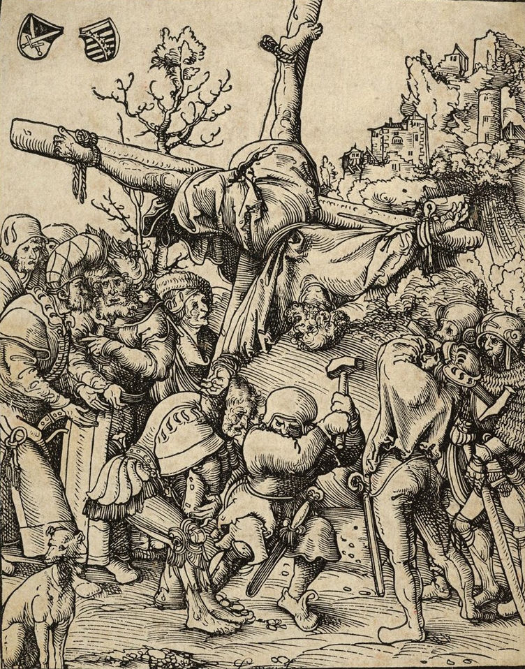 Lucas Cranach the Elder, Peter from the Martyrdom of the Twelve Apostles, circa 1512. PLACEMENTS: BACK | CHEST, ABS & LEGS | 1 ARM, CHEST, NACK & ABS | BACK & HEAD | 