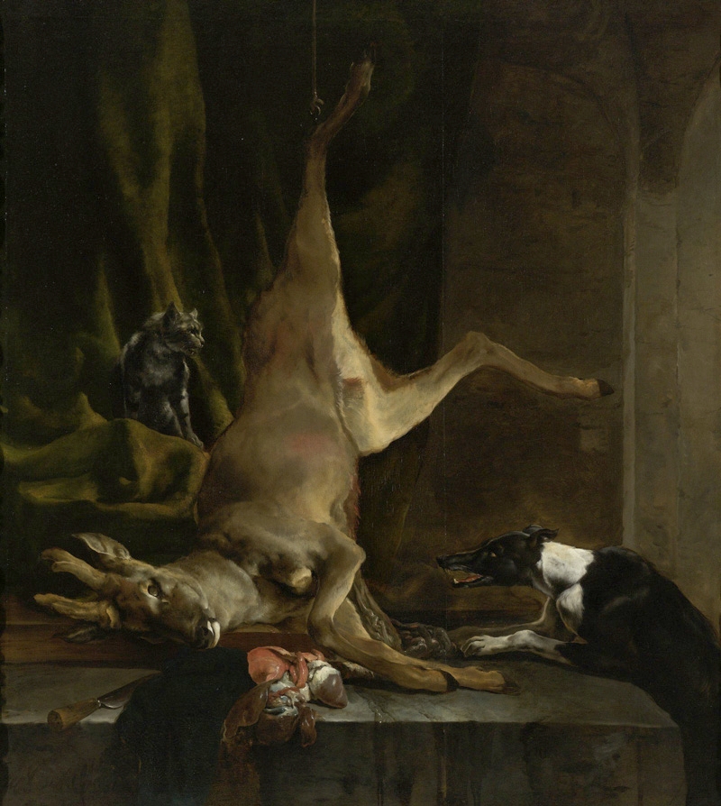 Jan Baptist Weenix, A Dog and a Cat near a Partially Disembowelled Deer, circa 1647/1660