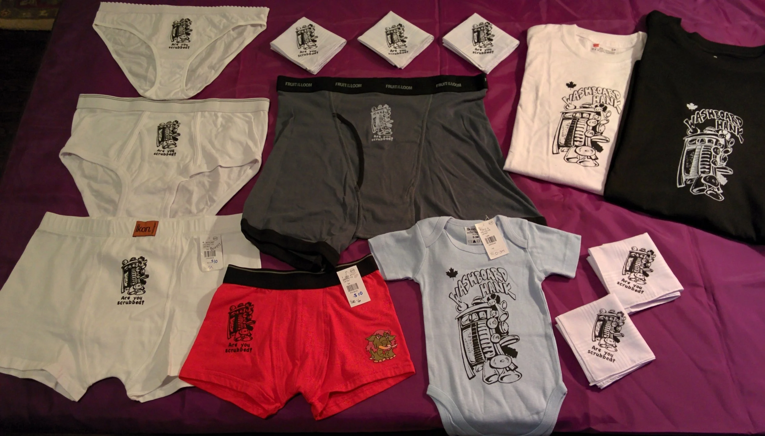 T-shirts $20.  Baby Onsies $15.  Hankies $5.  Underwear $10. Purchase by contacting through email or Facebook