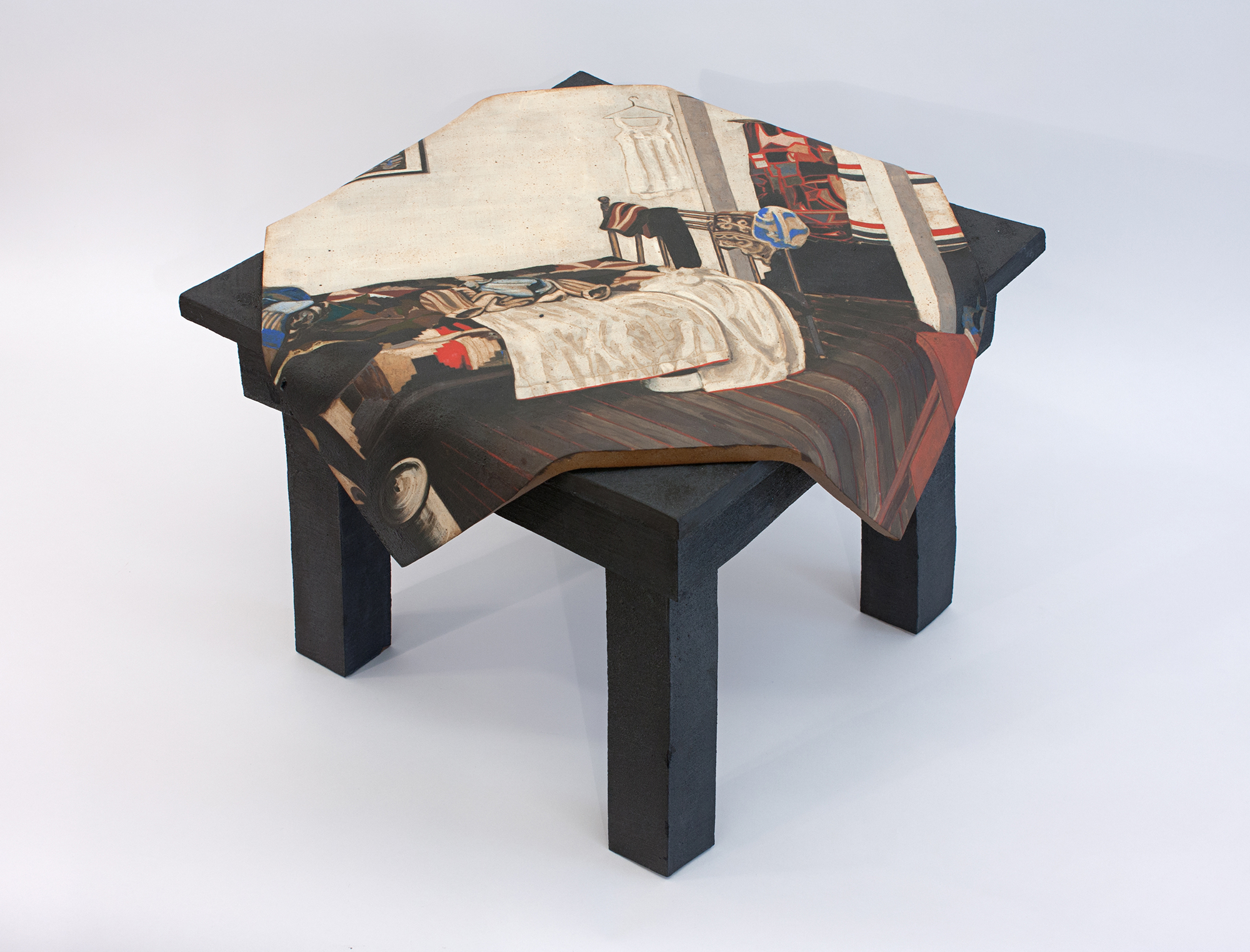 Black Table , 2014 stoneware with underglaze and black iron oxide stain 18 x 18 x 18 inches