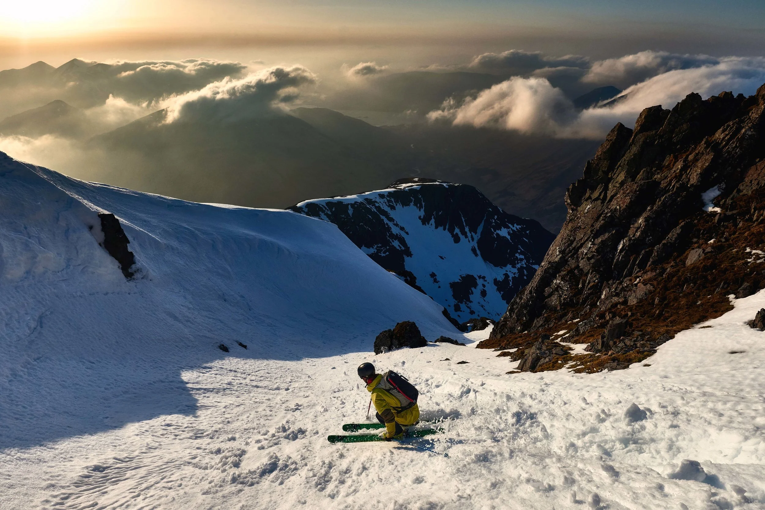 Skis on from the summit and straight into the relatively mellow top section of Summit Gully. The fun/slightly intimidating thing about this line (depending on your point of view) is you can't see most of it from the top, so unless you've climbed it beforehand then you've no idea what to expect from it on the way down (vs most Scottish gully lines which are either fairly short or dead straight so you can see down the length of them).