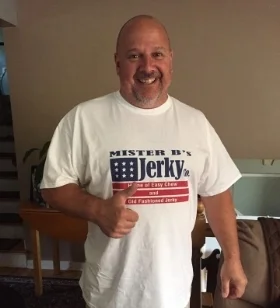 Mister B wearing the store t-shirt