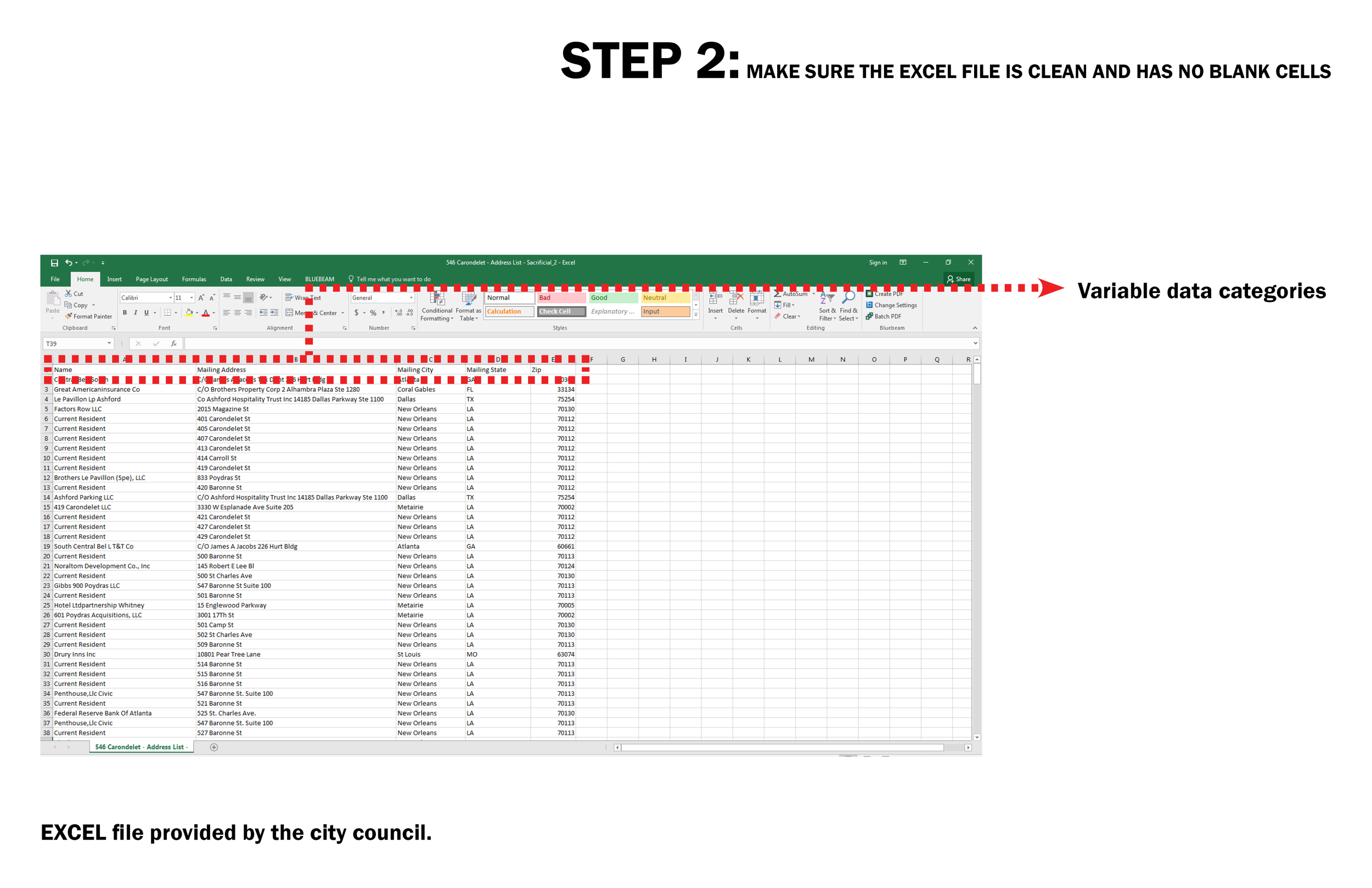 After recieving the Excel file from the city, I went through and made sure there were no blanks within the cell categories. This took a little time but the system won’t work if there is missing information. The variable categories in the Excel file will reflect the categories in the inDesign file. 