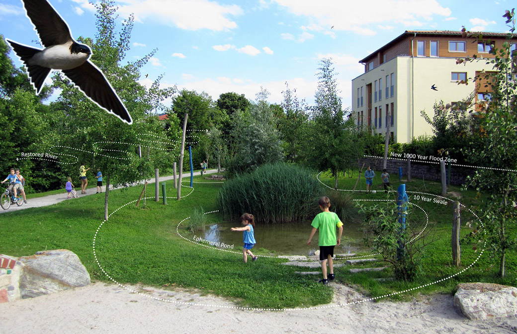 Arkadien Winnenden by Ramboll Studio Dreiseitl showing multi-functional green infrastructure.