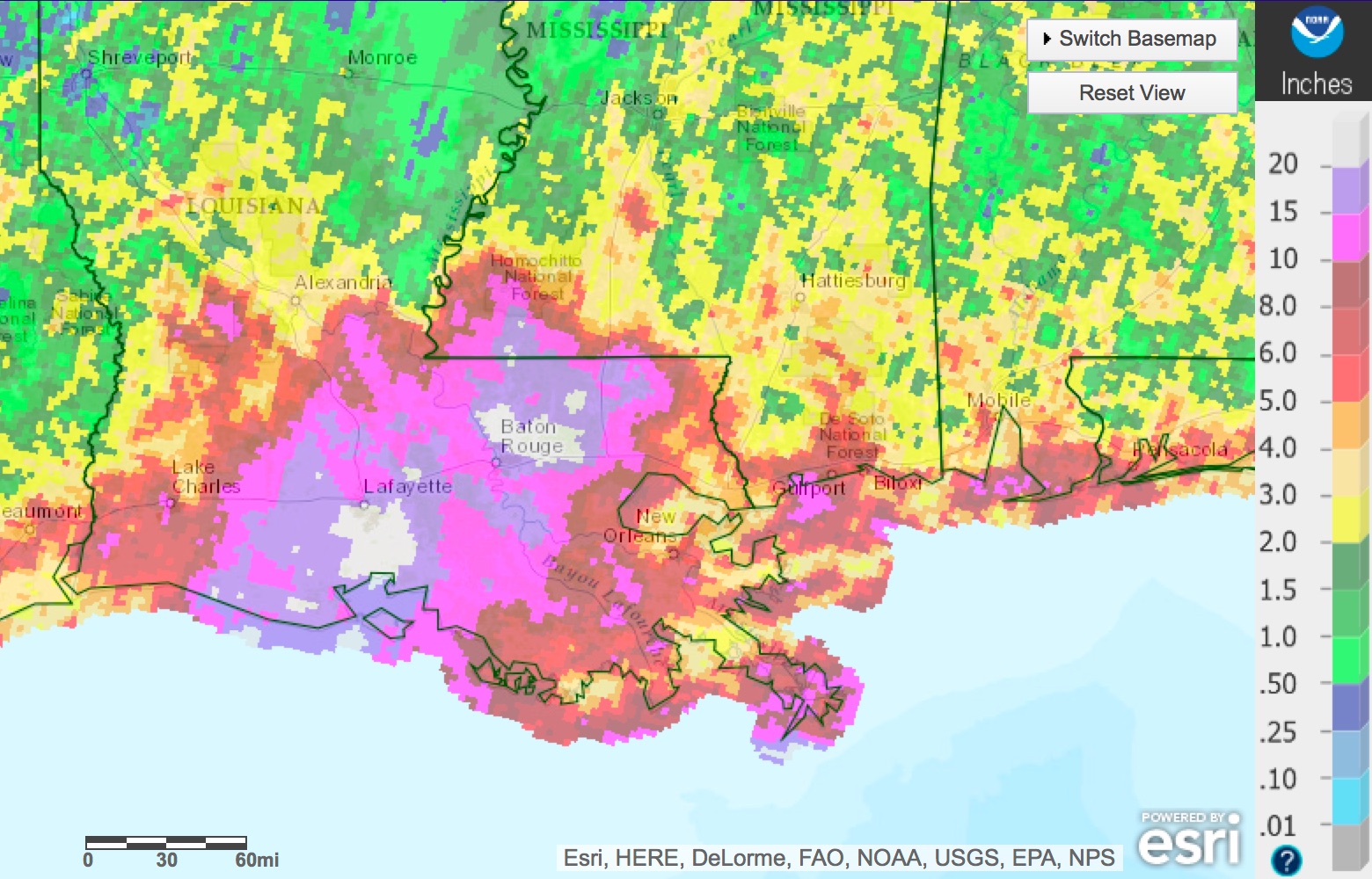 Rainfall totals during the storm.