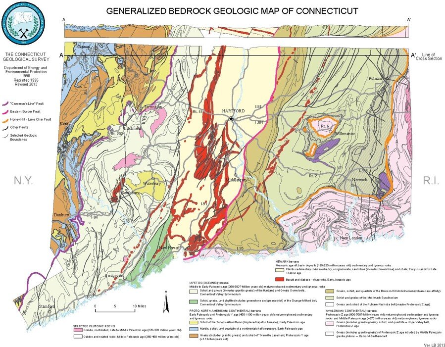  A generalized bedrock geological map of Connecticut showcasing the vast topographical changes.  