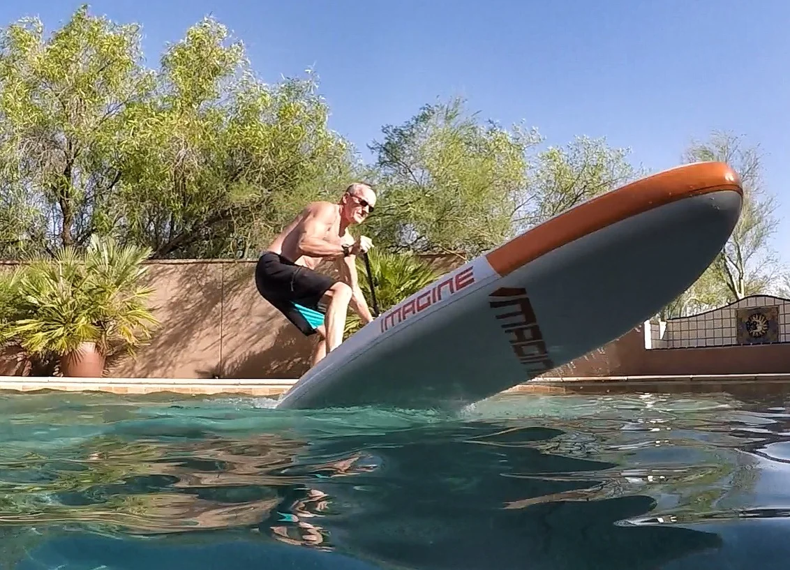  Pool testing the Dave Kalama designed Imagine Surf 11' Icon inflatable. And when it's crazy hot, swimming is an option.&nbsp; 