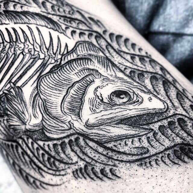 Some details from Josh&rsquo;s fishy boi yesterday. Would love to do some more woodcut style blackwork this summer. I&rsquo;m accepting appointment requests until midnight tonight, just fill out the booking form in my IG profile!