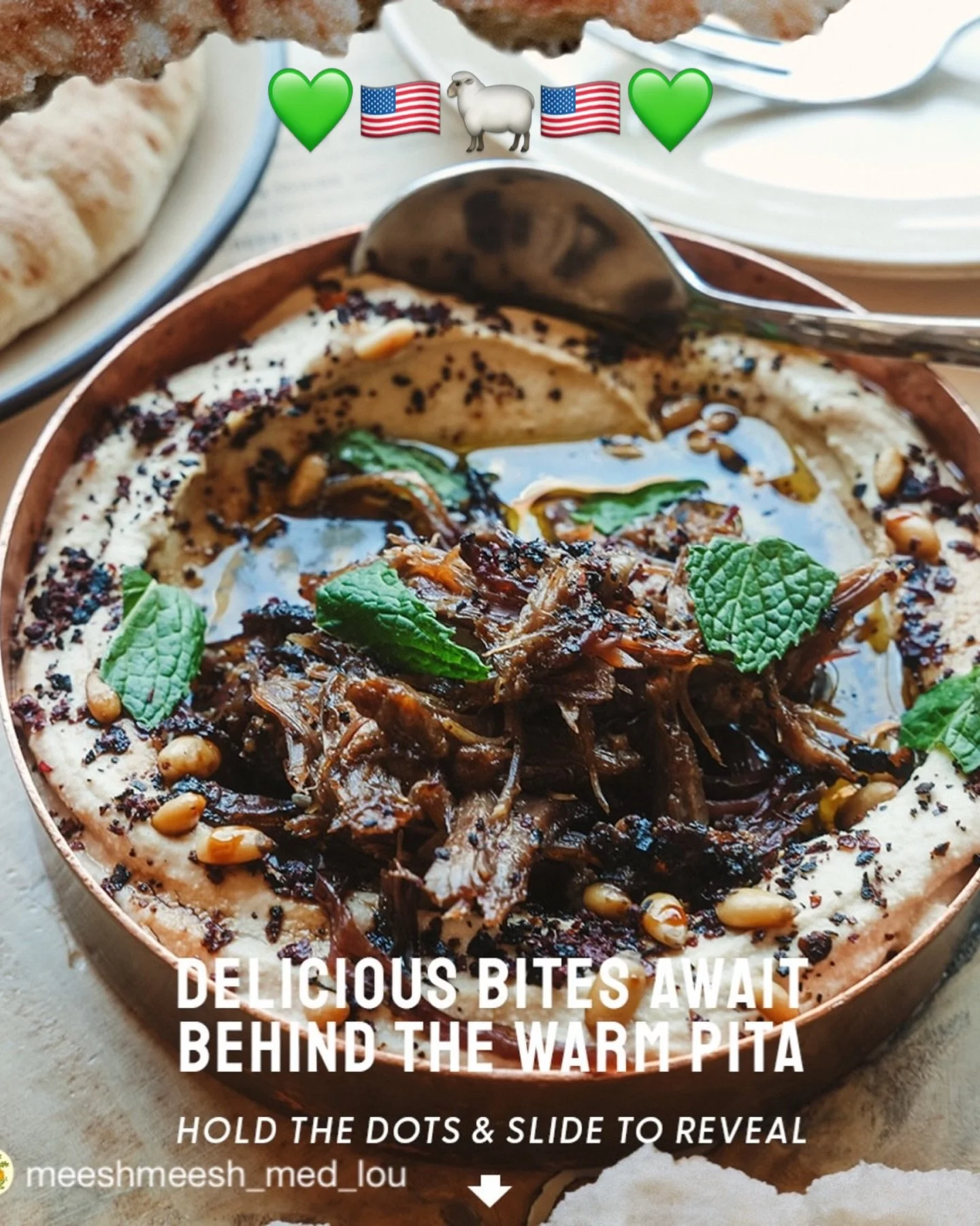 💚🇺🇸🐑🇺🇸💚 &ldquo;Delicious bites, Smoked Lamb Hummus is back @meeshmeesh_med_lou @freedomrunfarm super tender, fatty, and delicious smoked lamb necks pulled and dressed on our housemade hummus with good olive oil, fresh herbs, pine nuts, pom mol