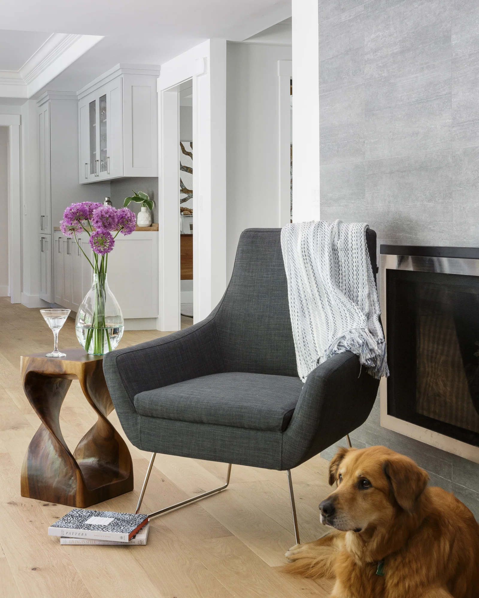 In this Lafayette, California great room, mixing textiles, metal and woods create interest and beauty.