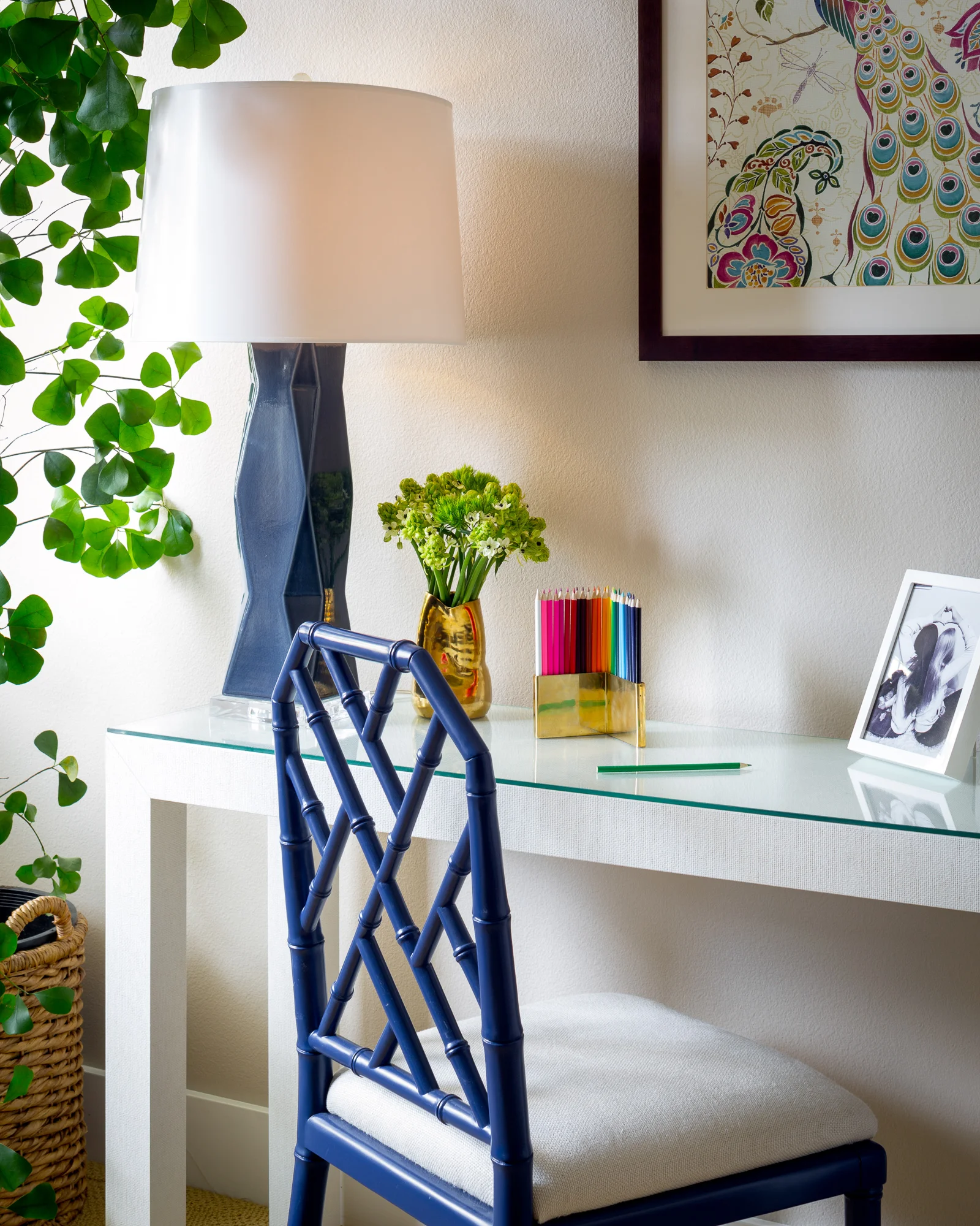 Brass accessories complement color in this contemporary home.