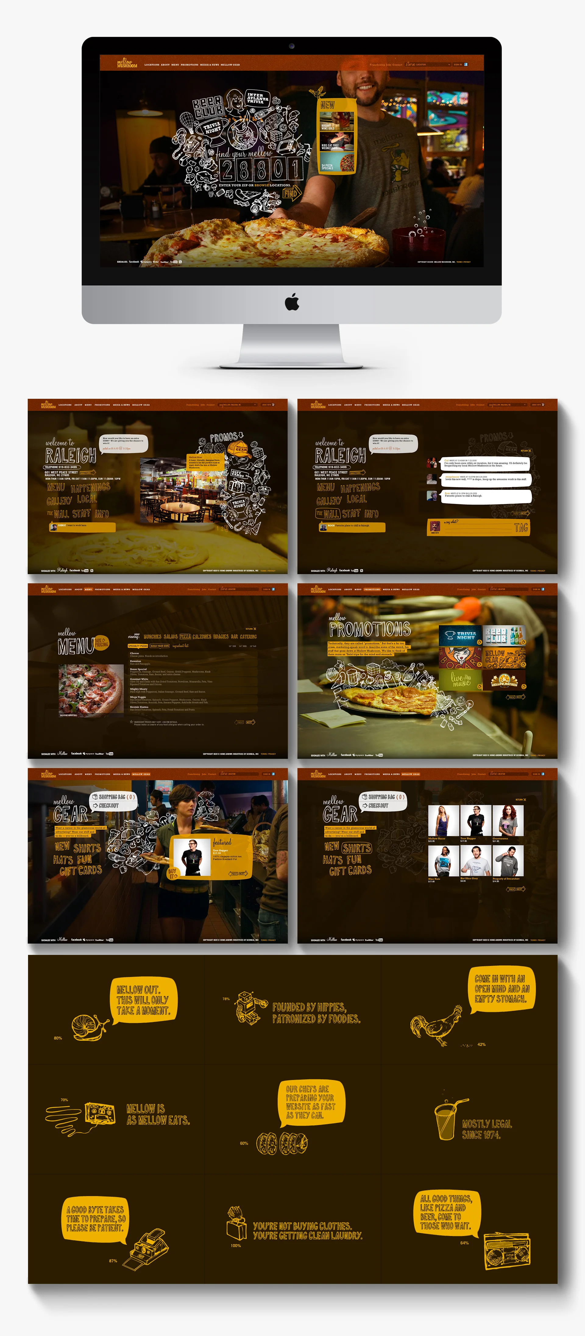        The Mellow Mushroom website features a heavy focus on illustrated doodles brought to life through subtle ambient animations, giving the site a lively, tongue-in-cheek feel. Being developed in the heyday of Flash, an entire suite of fun custom 