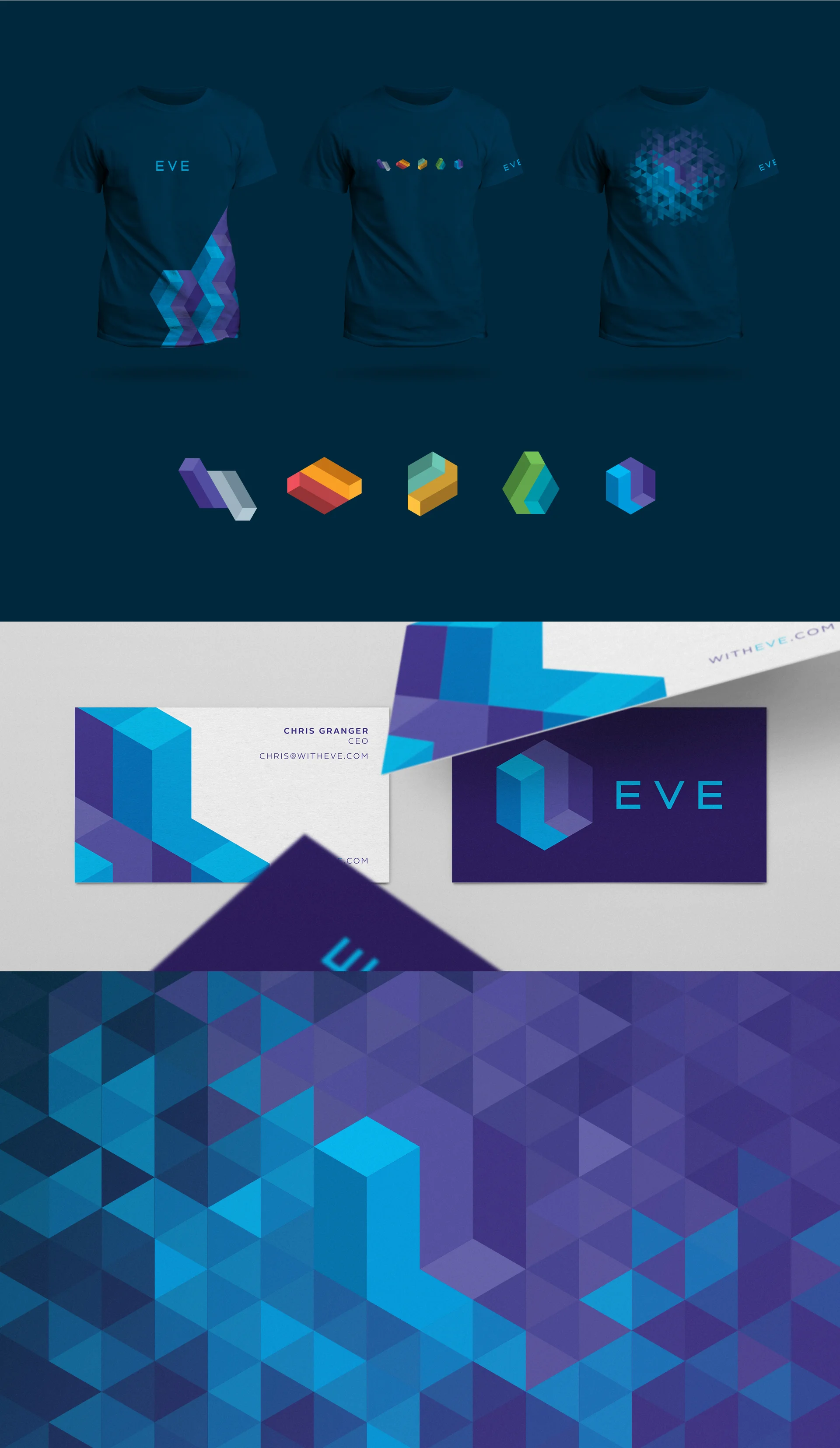  In keeping with the core concept, the Eve brand identity is designed to flex and break down in many different ways, morphing into new shapes, building into additive patterns, or breaking down into the underlying triangular grid in a tessellated effe