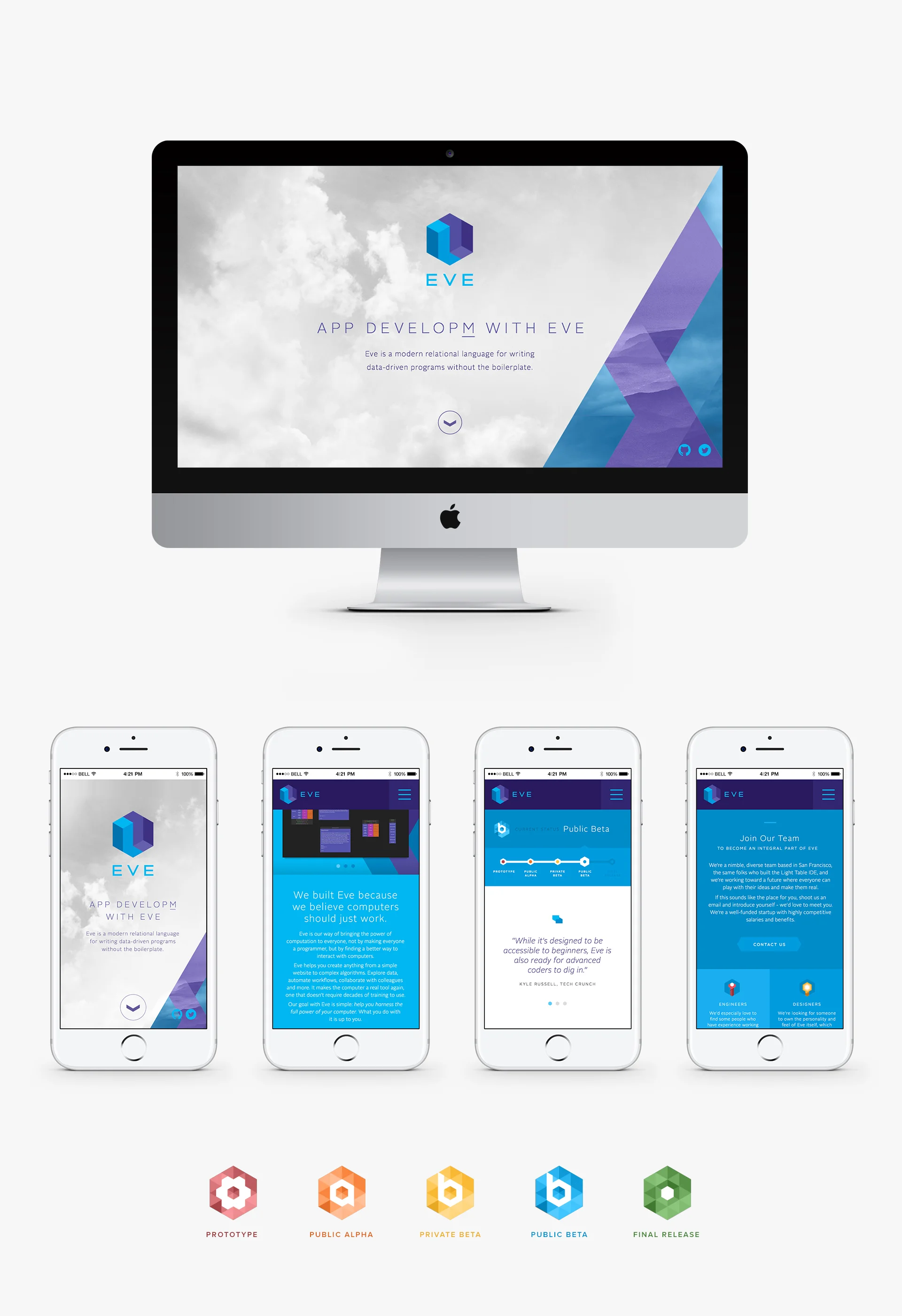  The Eve microsite's primary role is to introduce the platform to developers and generate interest in testing. A prominent color-coded timeline tracks Eve's current status from Prototype to Final Release.&nbsp; 