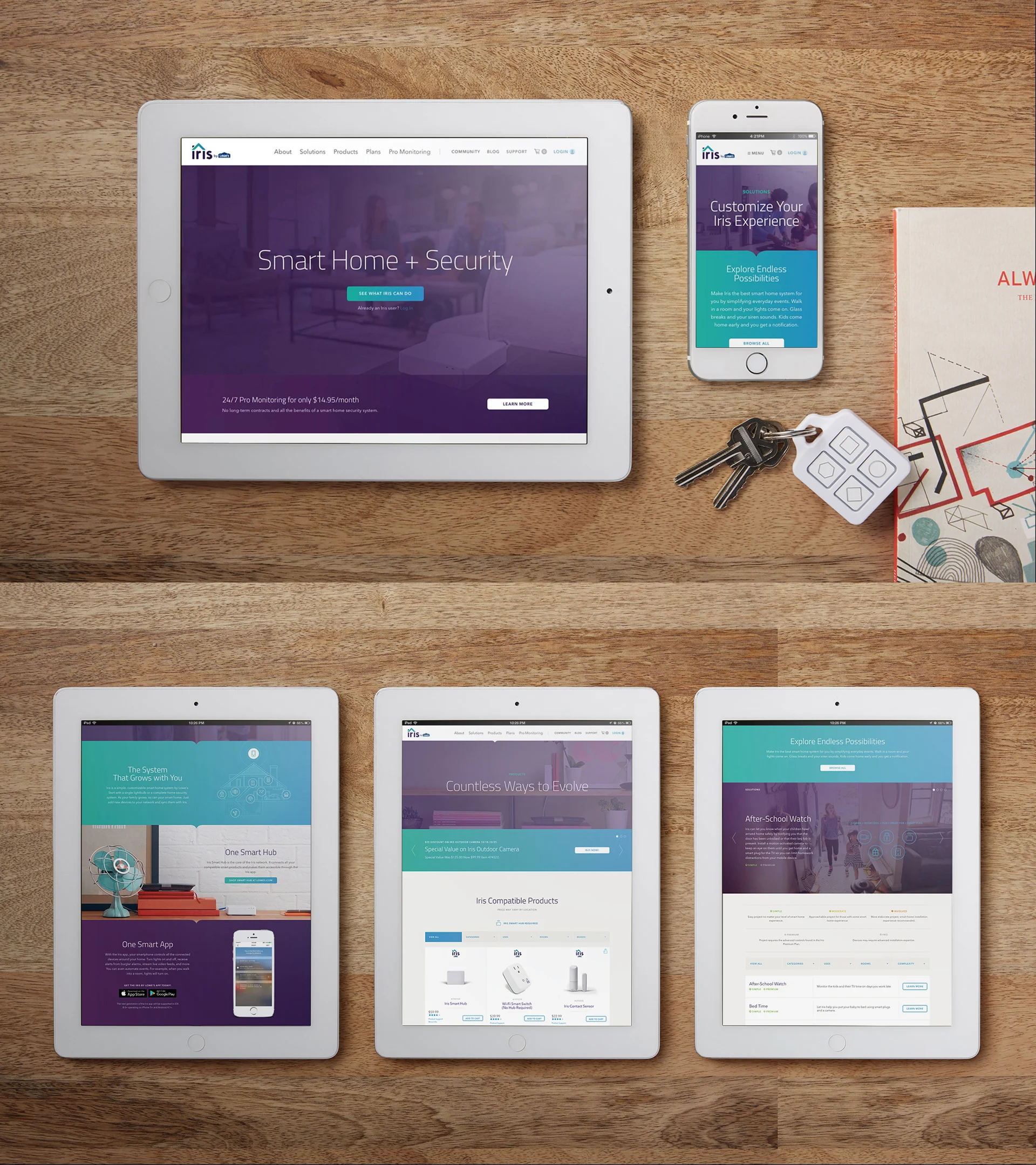  The Iris website strikes a balance between appealing to new smart home customers in need of an educational tour of the technology, and conveying the near limitless potential of the system to more savvy customers by displaying possible programmable f