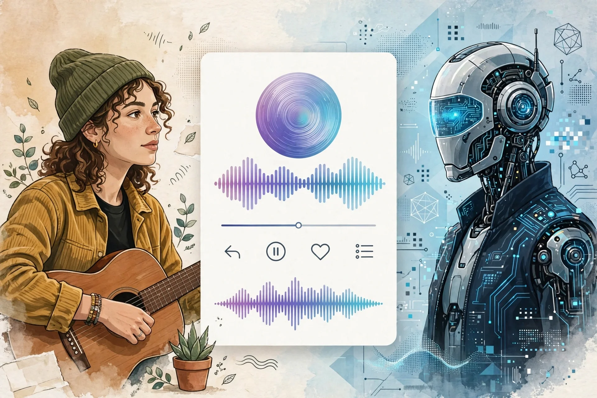 Independent human musician and synthetic digital artist positioned on opposite sides of a generic music-streaming platform.