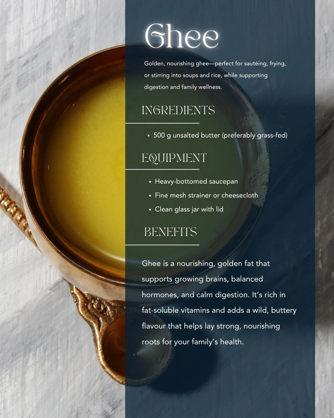 Quick nourishment tip

Confused about seed oils, smoke points, and all the noise around what&rsquo;s &ldquo;safe to cook with&rdquo;?

Take away the overcomplicating... just cook with GHEE.
The original source of nourishment.

Pure, stable, and golde