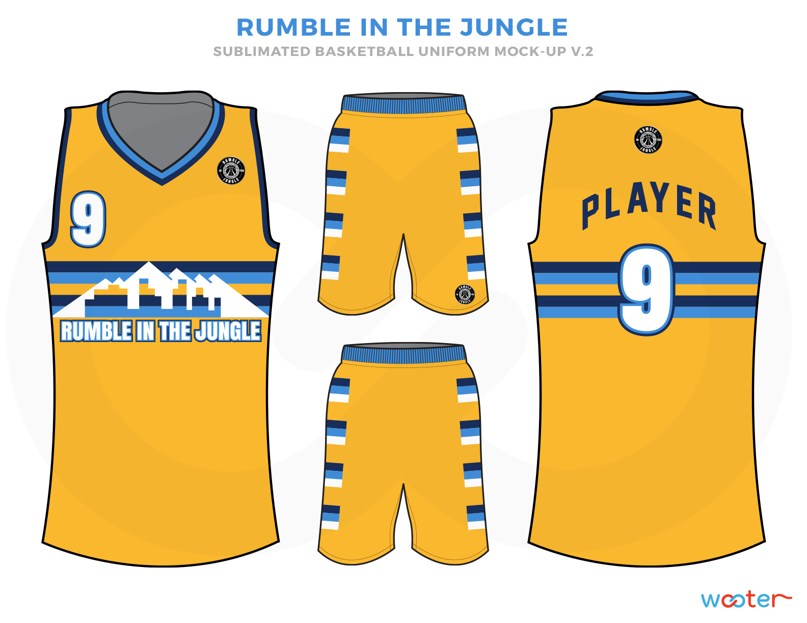 RUMBLE IN THE JUNGLE Yellow Blue Sky and White Basketball Uniforms, Jersey and Shorts