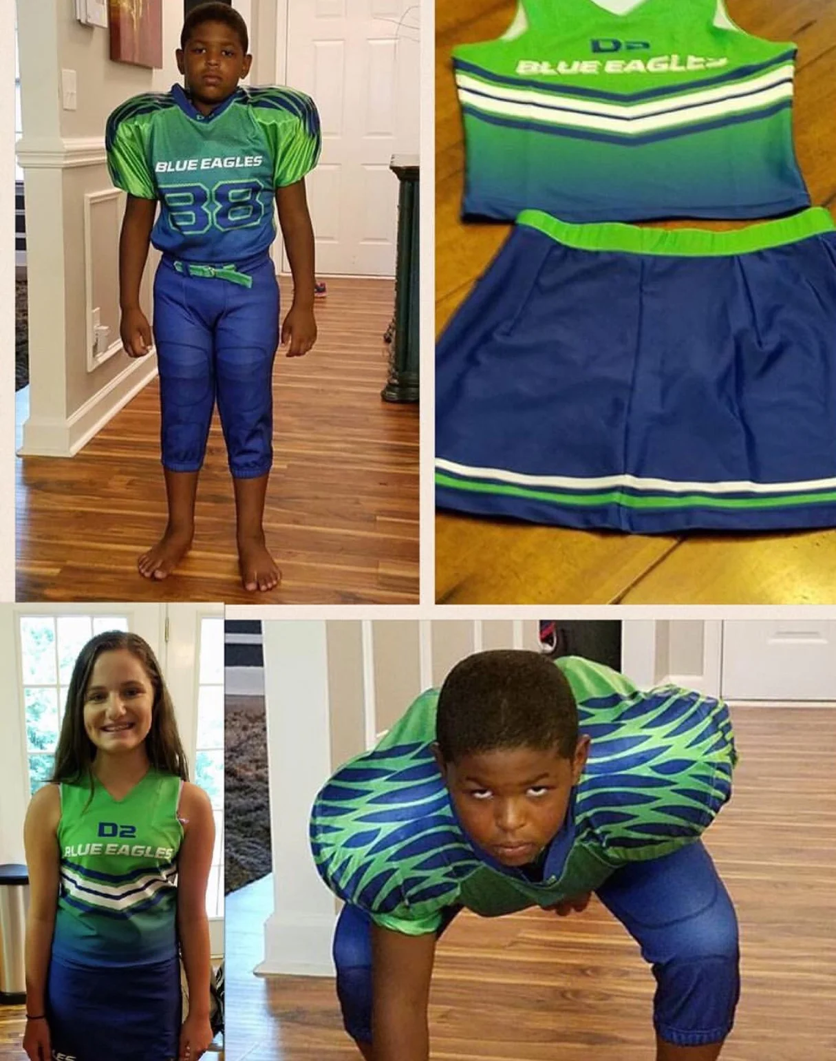 Blue white and Green Football/Cheerleading Uniforms, Jersey Short,Pants and Skirts
