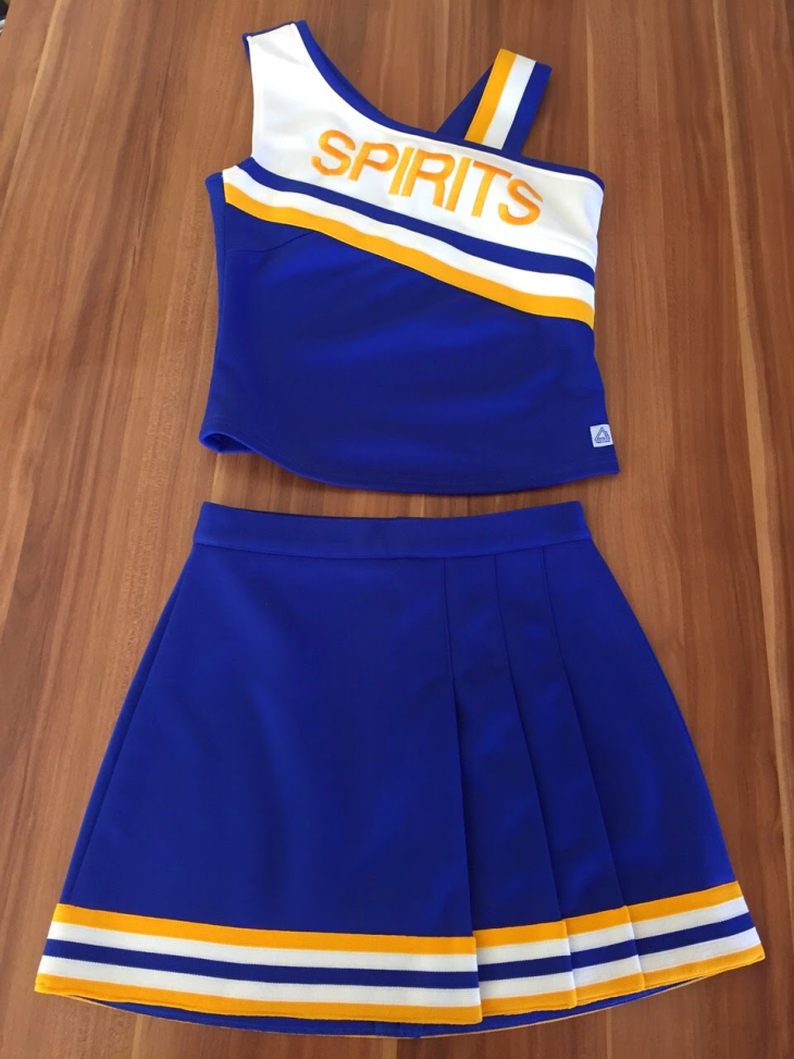 SPIRITS blue white yellow CHEERLEADING jersey, skirt, top, bottom