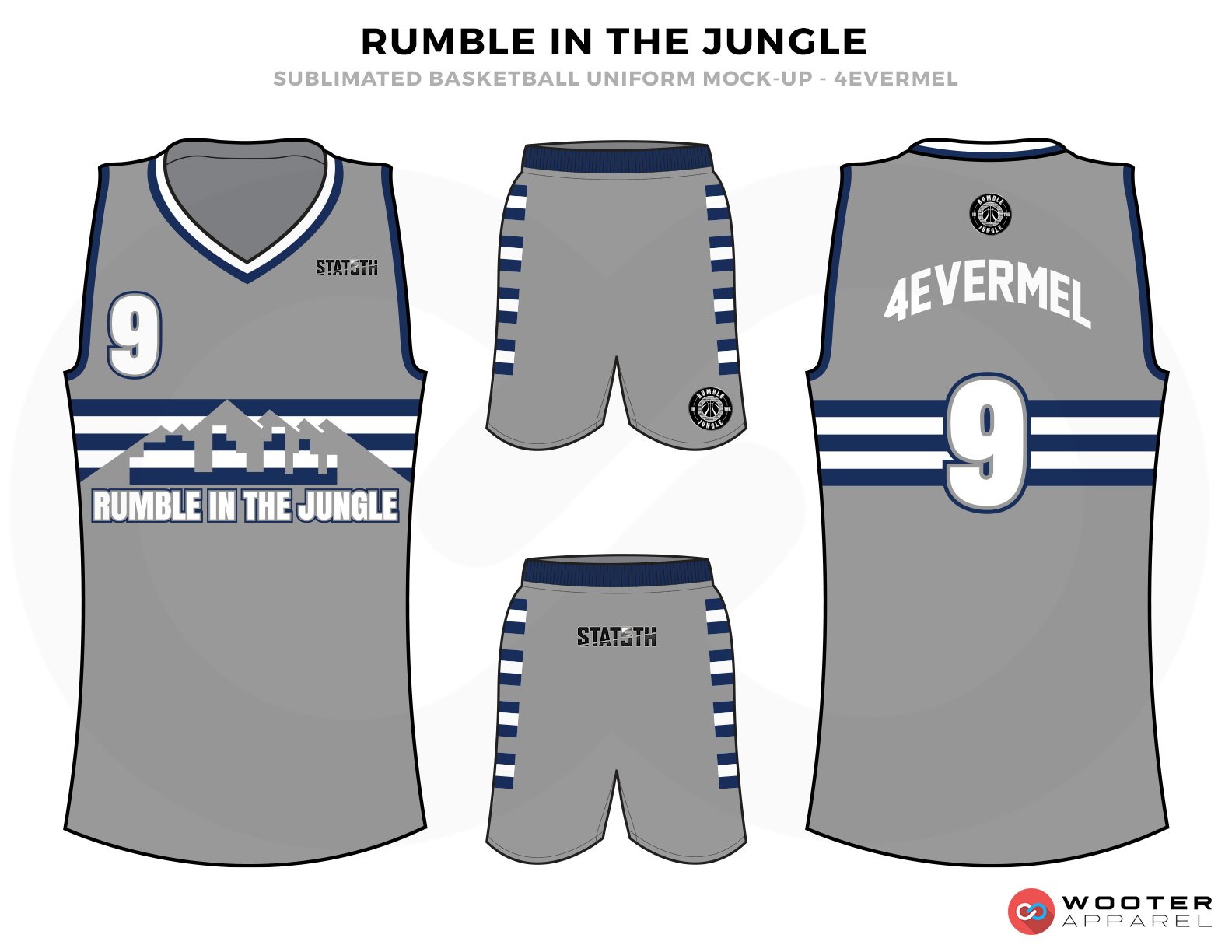 RUMBLE IN THE JUNGLE Grey Blue and White Basketball Uniforms, Jersey and Shorts