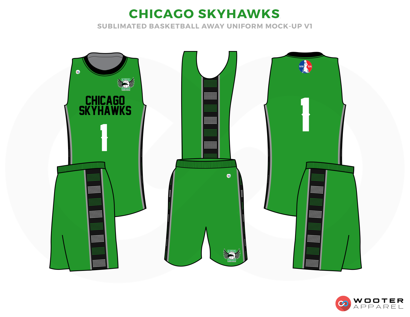 CHICAGO SKYHAWKS Green Black Grey and White Basketball Uniforms, Jersey and Shorts