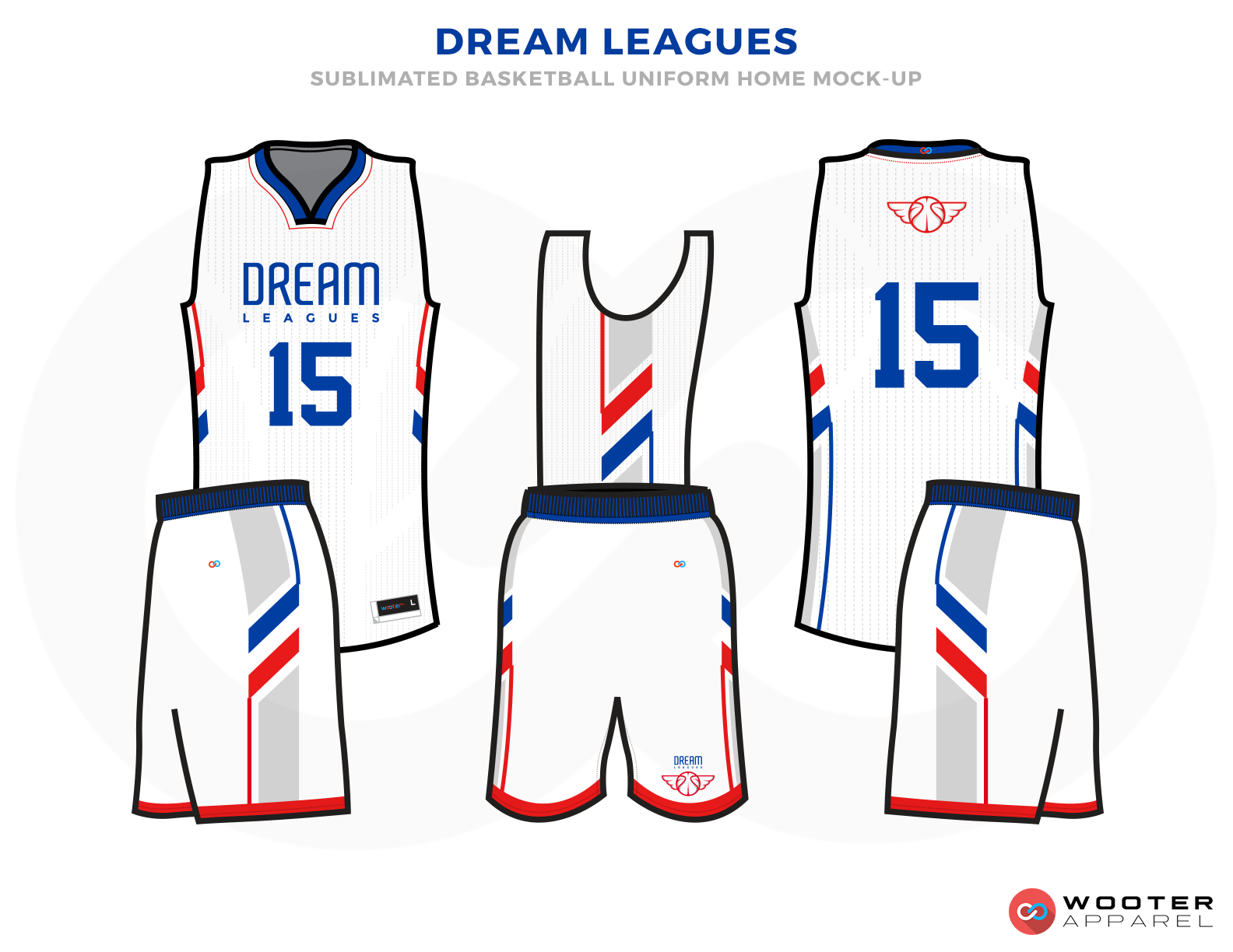 DREAM LEAGUE White Blue and Red Basketball Uniforms, Jersey and Shorts