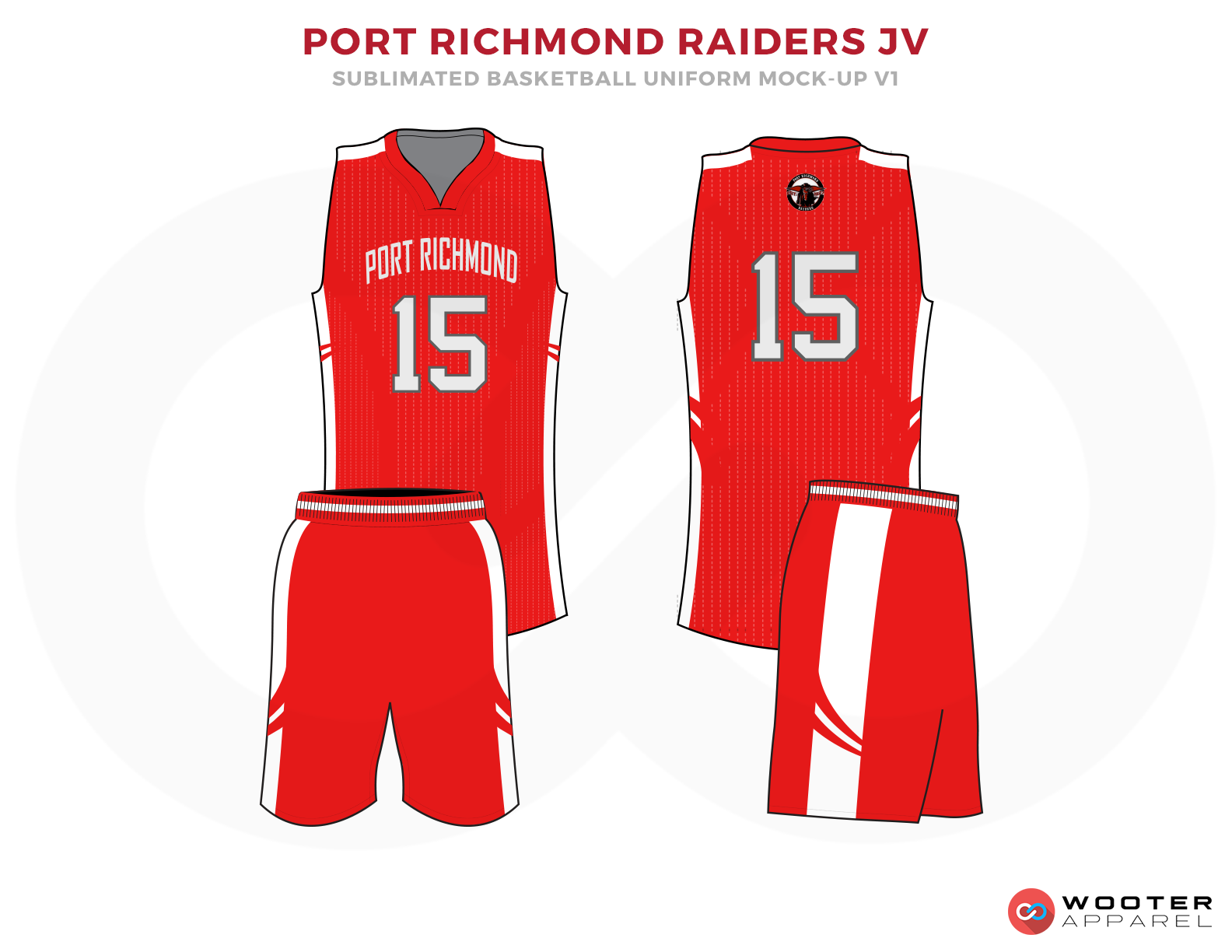 PORT RICHMOND RAIDERS JV Red Grey and White Basketball Uniforms, Jersey and Shorts
